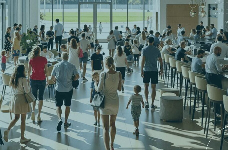 Crowd of club members and families socialising inside a bright sporting club lounge and bar area overlooking the sports field.